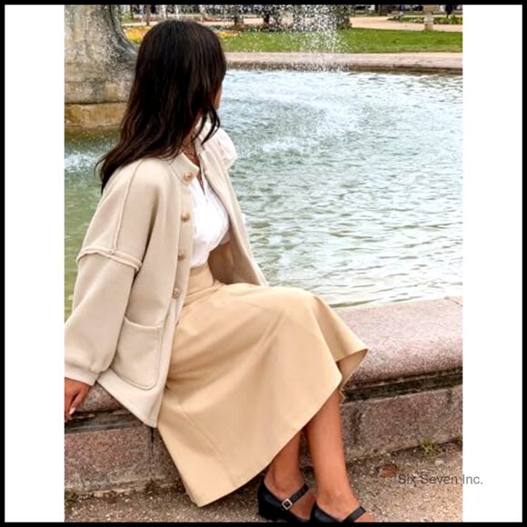 Oversized Button Down Jacket Lantern Sleeve Coat Mock Neck Casual Outerwear - Picture 5 of 7